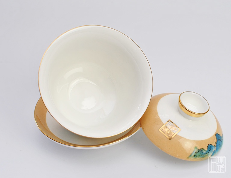 唐山骨瓷手绘盖碗茶具：千里江山图- 匠琳琅